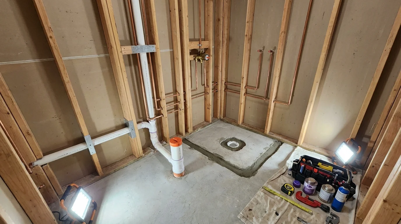 Bathroom rough-in plumbing during remodel by Johns Plumbing LLC in Vermillion