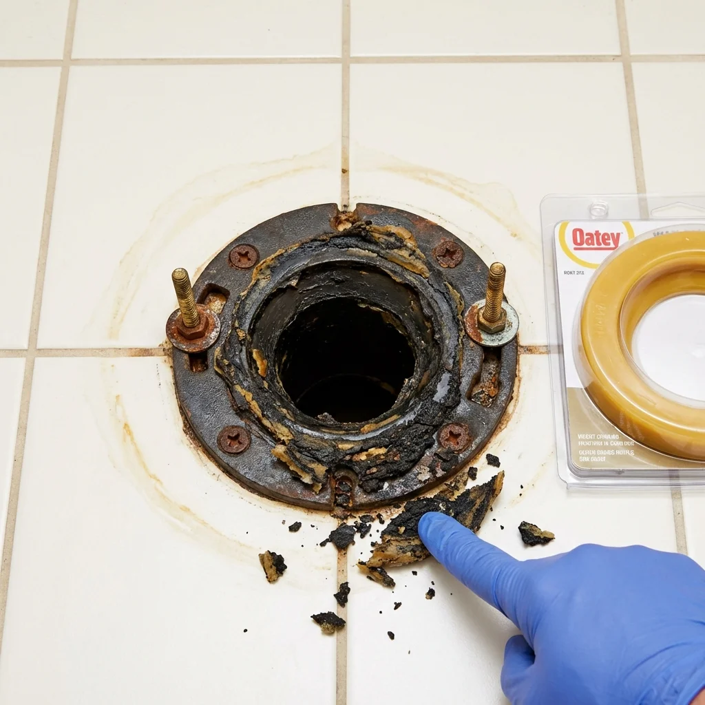 Failed wax ring showing water seepage at the base of a toilet in a Vermillion, SD home